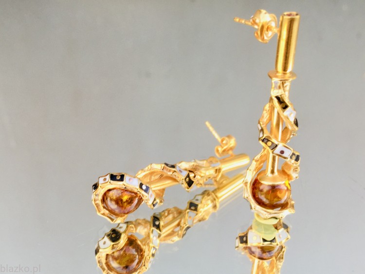 Pozłacane Spiralki z bursztynem - kolczyki Blazko