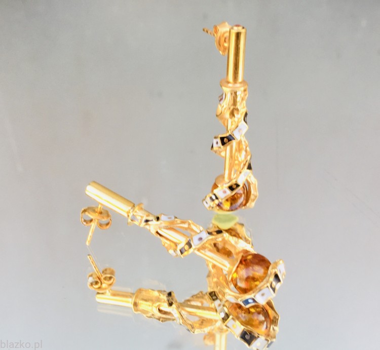 Pozłacane Spiralki z bursztynem - kolczyki Blazko