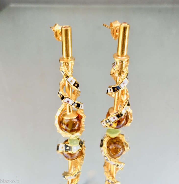 Pozłacane Spiralki z bursztynem - kolczyki Blazko